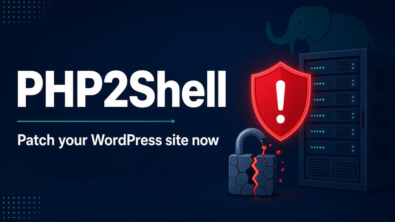 Warning shield over a PHP server, illustrating the PHP2Shell vulnerability affecting WordPress sites